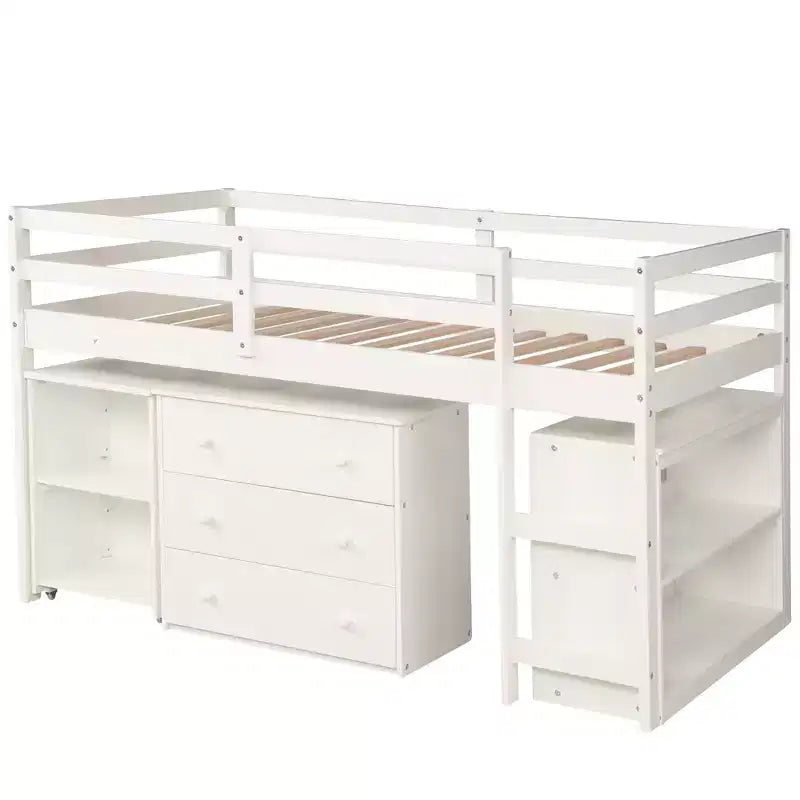 Low Twin Size Loft Bed with Cabinet for Kids, Wood Loft Bed Frame with Rolling Portable Desk