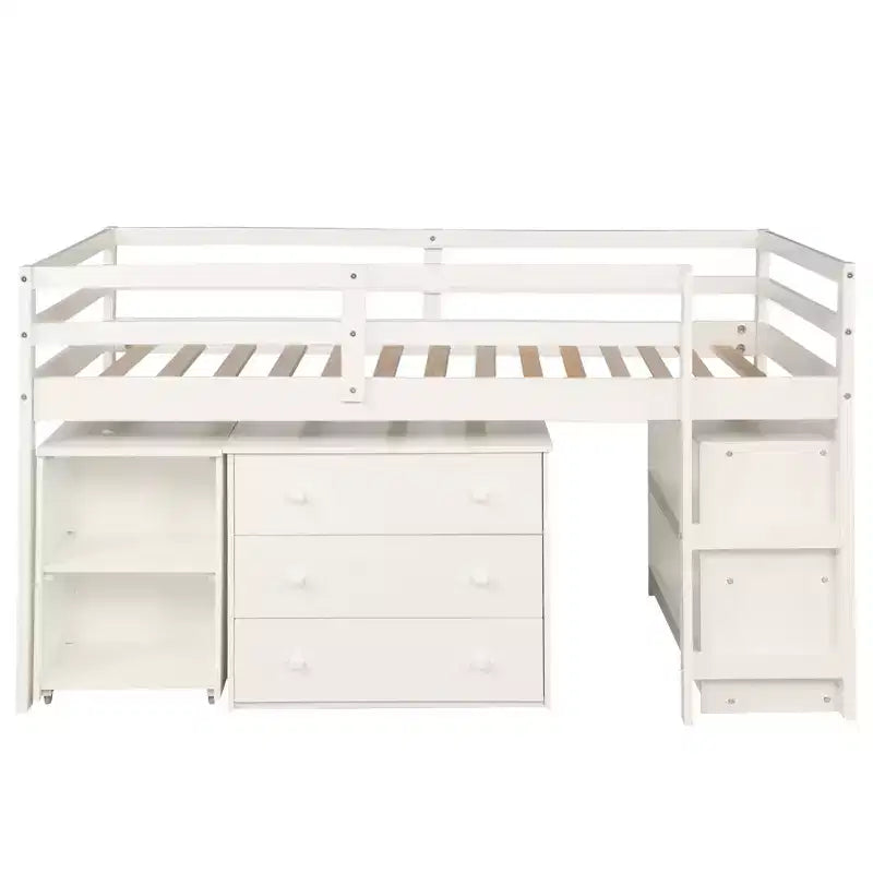 Low Twin Size Loft Bed with Cabinet for Kids, Wood Loft Bed Frame with Rolling Portable Desk