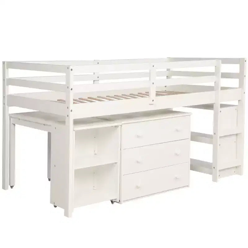 Low Twin Size Loft Bed with Cabinet for Kids, Wood Loft Bed Frame with Rolling Portable Desk