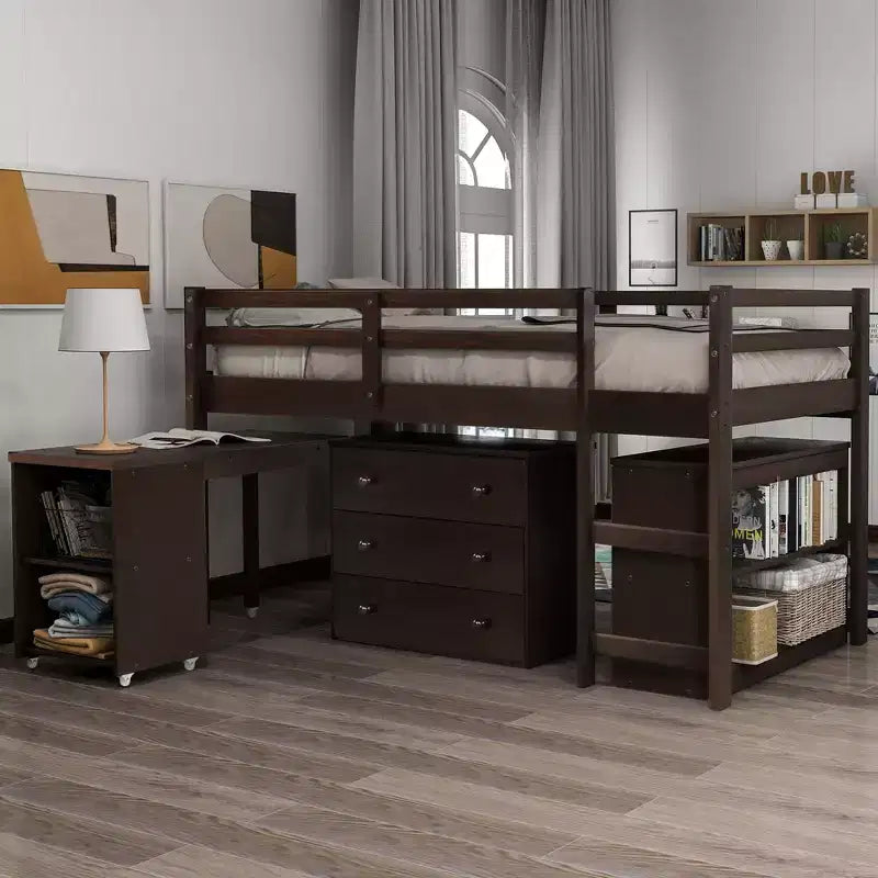 Low Twin Size Loft Bed with Cabinet for Kids, Wood Loft Bed Frame with Rolling Portable Desk