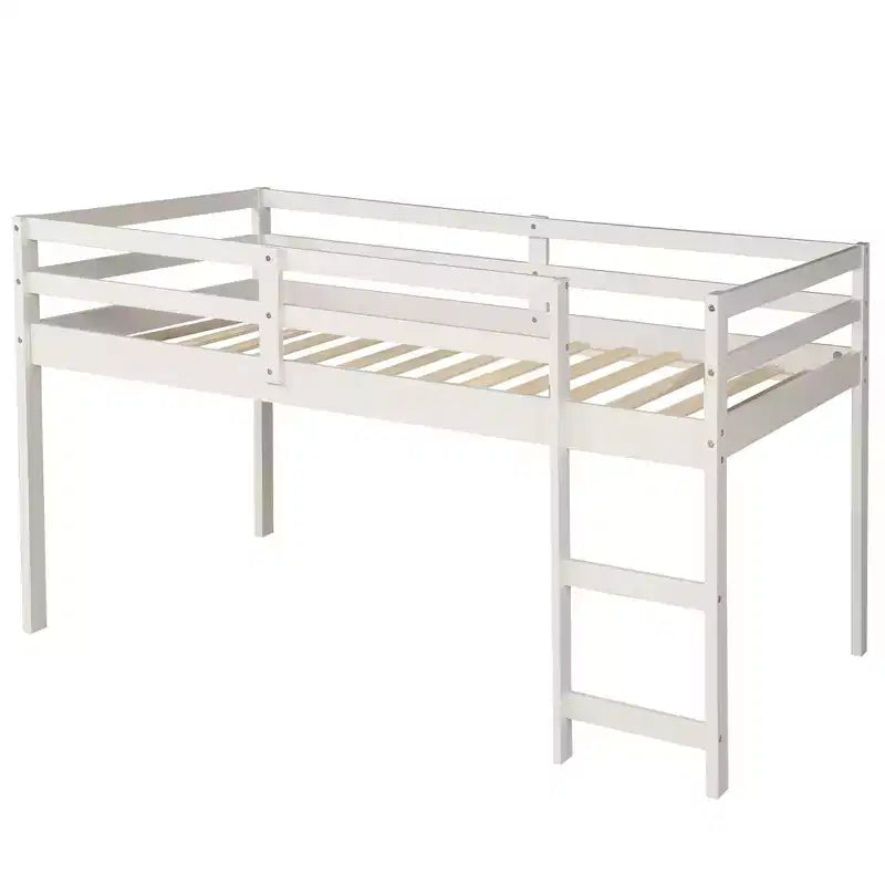 Low Twin Size Loft Bed with Cabinet for Kids, Wood Loft Bed Frame with Rolling Portable Desk
