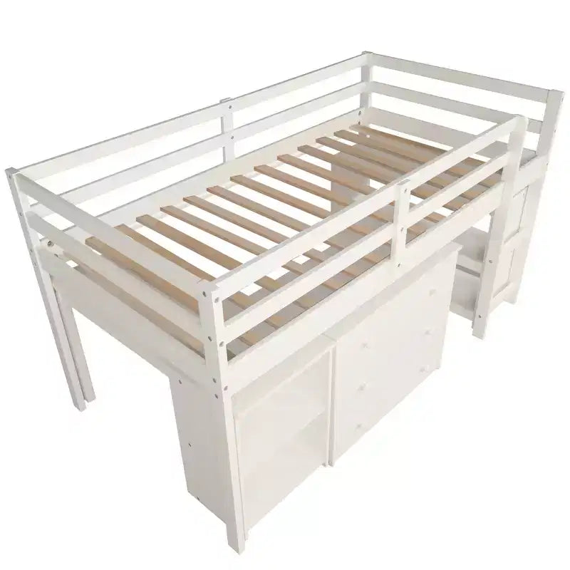 Low Twin Size Loft Bed with Cabinet for Kids, Wood Loft Bed Frame with Rolling Portable Desk