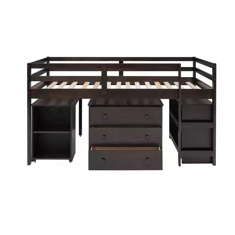 Low Twin Size Loft Bed with Cabinet for Kids, Wood Loft Bed Frame with Rolling Portable Desk