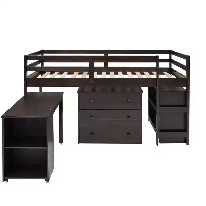 Low Twin Size Loft Bed with Cabinet for Kids, Wood Loft Bed Frame with Rolling Portable Desk