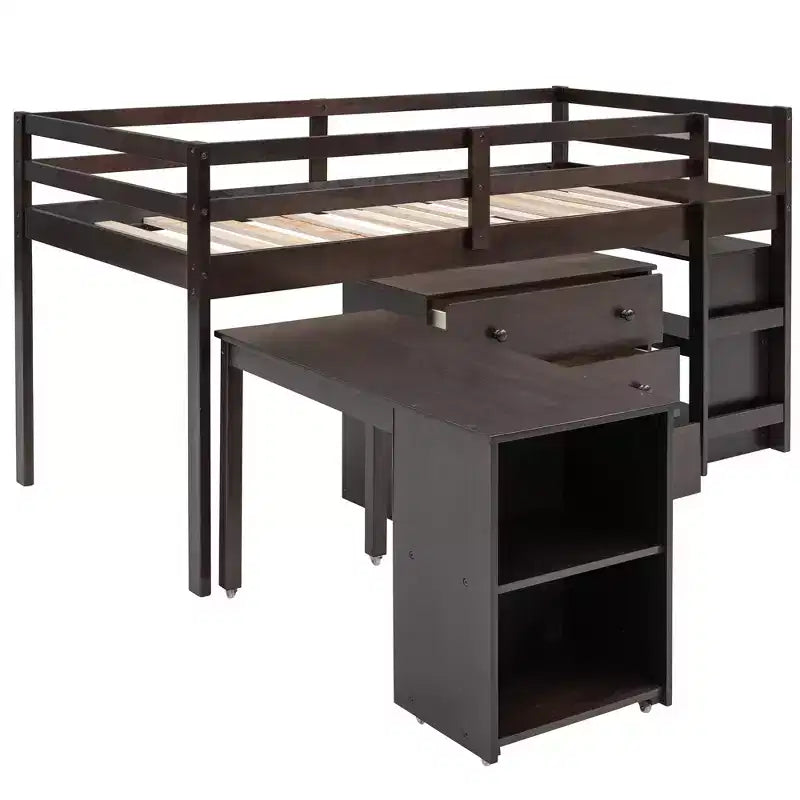 Low Twin Size Loft Bed with Cabinet for Kids, Wood Loft Bed Frame with Rolling Portable Desk