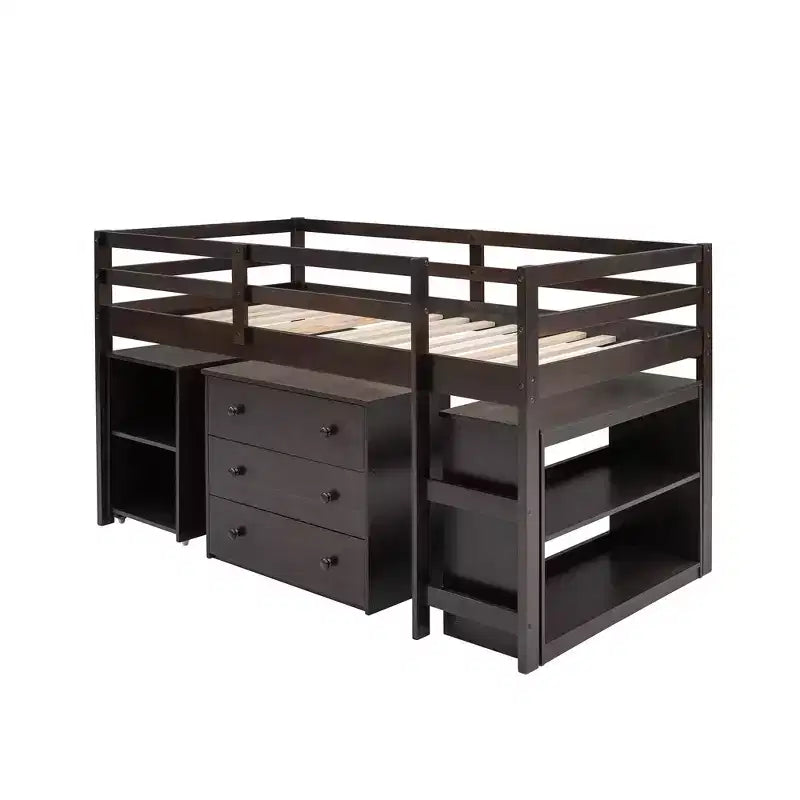 Low Twin Size Loft Bed with Cabinet for Kids, Wood Loft Bed Frame with Rolling Portable Desk