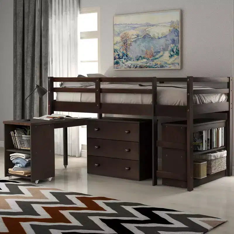 Low Twin Size Loft Bed with Cabinet for Kids, Wood Loft Bed Frame with Rolling Portable Desk