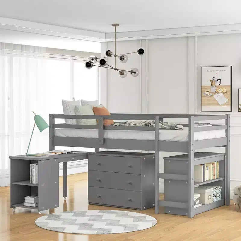 Low Twin Size Loft Bed with Cabinet for Kids, Wood Loft Bed Frame with Rolling Portable Desk