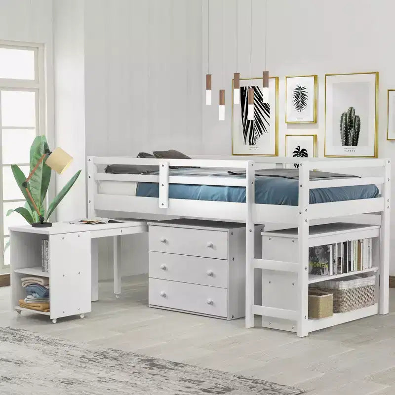 Low Twin Size Loft Bed with Cabinet for Kids, Wood Loft Bed Frame with Rolling Portable Desk