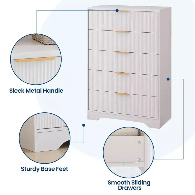 5 Drawer Dresser for Bedroom, 31.5W Wooden Chest of Drawers with Gold Handle, Storage Dresser Organizer, Closet Dresser for Bedroom Hallway