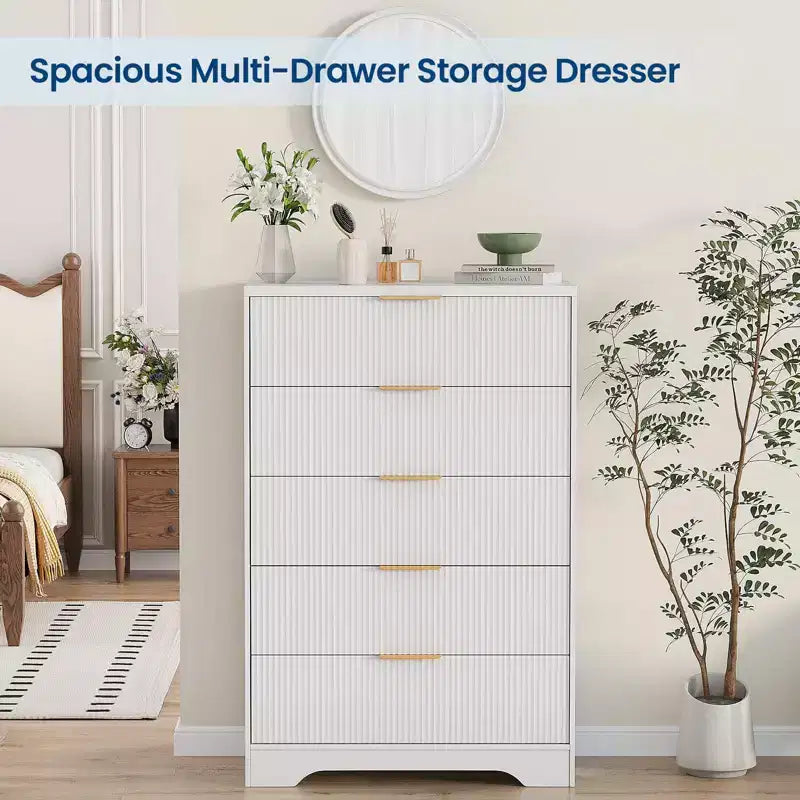 5 Drawer Dresser for Bedroom, 31.5W Wooden Chest of Drawers with Gold Handle, Storage Dresser Organizer, Closet Dresser for Bedroom Hallway