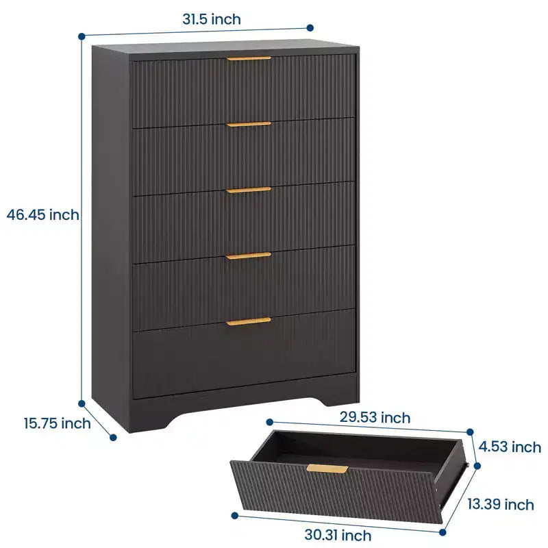 5 Drawer Dresser for Bedroom, 31.5W Wooden Chest of Drawers with Gold Handle, Storage Dresser Organizer, Closet Dresser for Bedroom Hallway