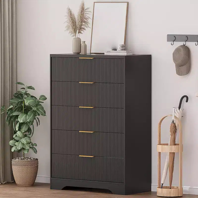 5 Drawer Dresser for Bedroom, 31.5W Wooden Chest of Drawers with Gold Handle, Storage Dresser Organizer, Closet Dresser for Bedroom Hallway