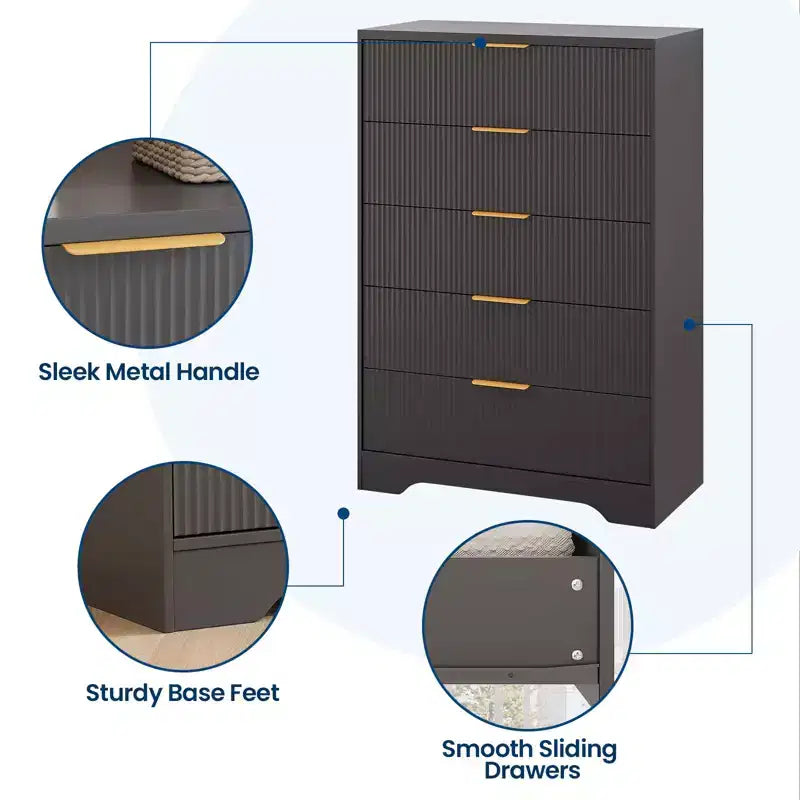 5 Drawer Dresser for Bedroom, 31.5W Wooden Chest of Drawers with Gold Handle, Storage Dresser Organizer, Closet Dresser for Bedroom Hallway