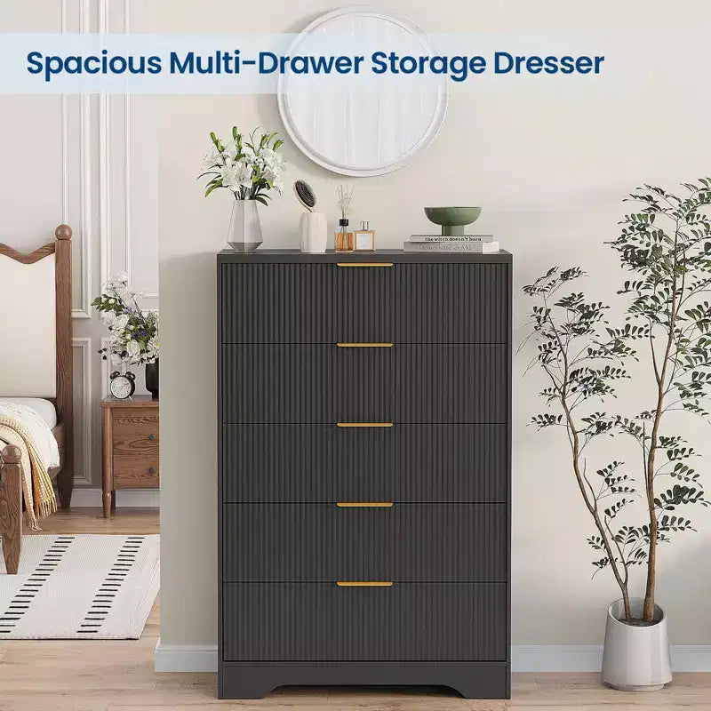 5 Drawer Dresser for Bedroom, 31.5W Wooden Chest of Drawers with Gold Handle, Storage Dresser Organizer, Closet Dresser for Bedroom Hallway