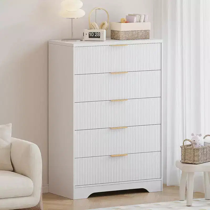 5 Drawer Dresser for Bedroom, 31.5W Wooden Chest of Drawers with Gold Handle, Storage Dresser Organizer, Closet Dresser for Bedroom Hallway