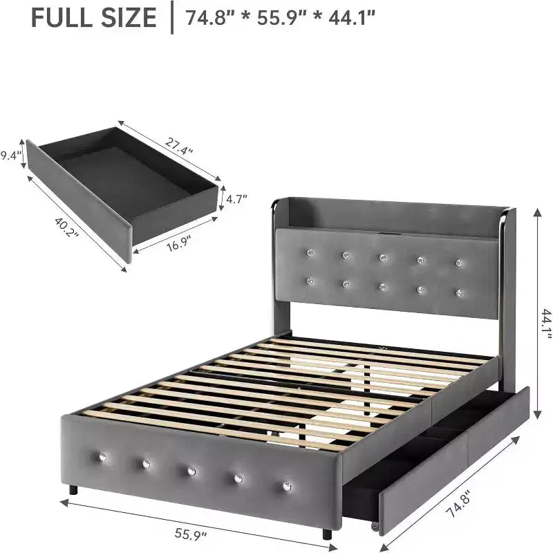Bed Frame with Storage Headboard, 4 Drawers, and Charging Station, Velvet Upholstered Platform Design, No Box Spring Required, Sturdy Support.