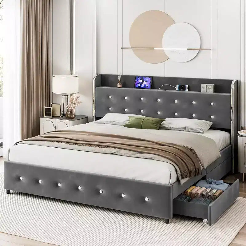 Bed Frame with Storage Headboard, 4 Drawers, and Charging Station, Velvet Upholstered Platform Design, No Box Spring Required, Sturdy Support.