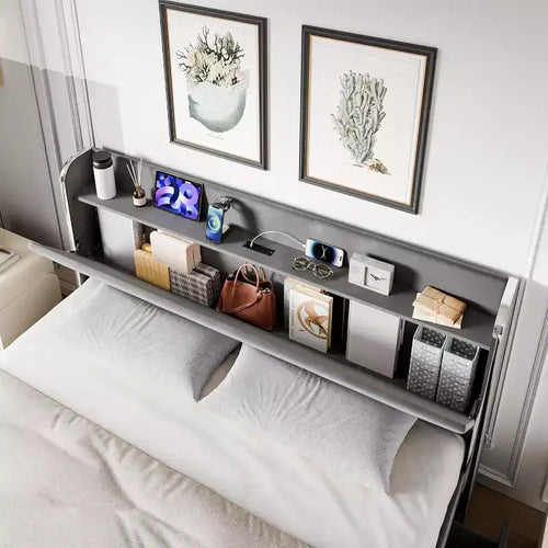 Bed Frame with Storage Headboard, 4 Drawers, and Charging Station, Velvet Upholstered Platform Design, No Box Spring Required, Sturdy Support.