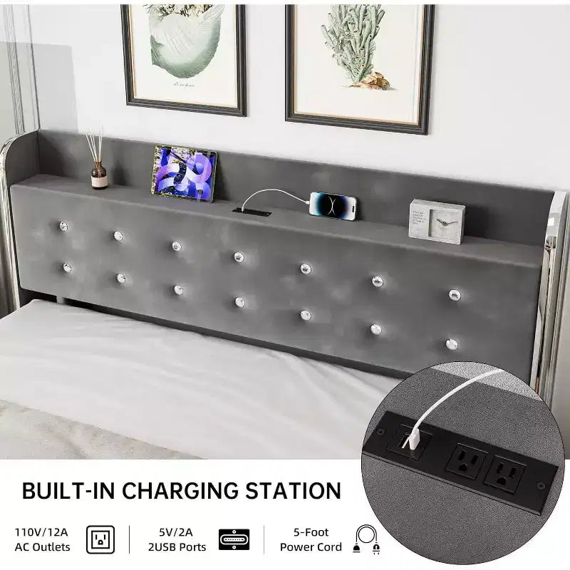 Bed Frame with Storage Headboard, 4 Drawers, and Charging Station, Velvet Upholstered Platform Design, No Box Spring Required, Sturdy Support.