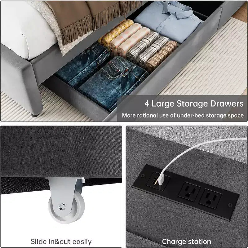 Bed Frame with Storage Headboard, 4 Drawers, and Charging Station, Velvet Upholstered Platform Design, No Box Spring Required, Sturdy Support.