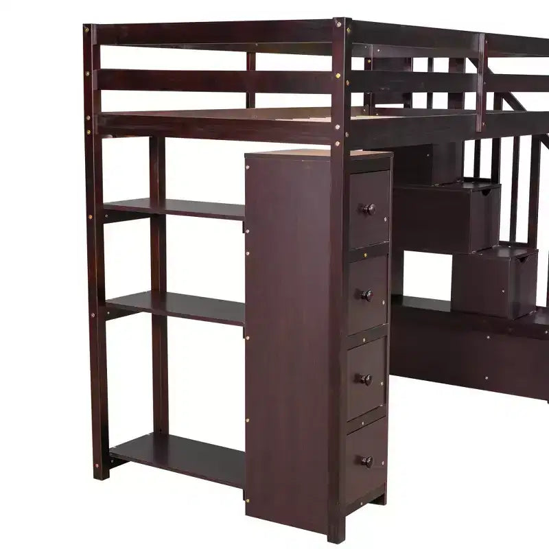 Twin Size Loft Bed with Storage Drawers and Stairs, Wooden High Loft Bed with Shelves for Kids Teens Boys Girls