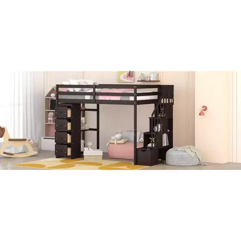 Twin Size Loft Bed with Storage Drawers and Stairs, Wooden High Loft Bed with Shelves for Kids Teens Boys Girls