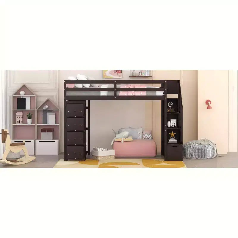 Twin Size Loft Bed with Storage Drawers and Stairs, Wooden High Loft Bed with Shelves for Kids Teens Boys Girls