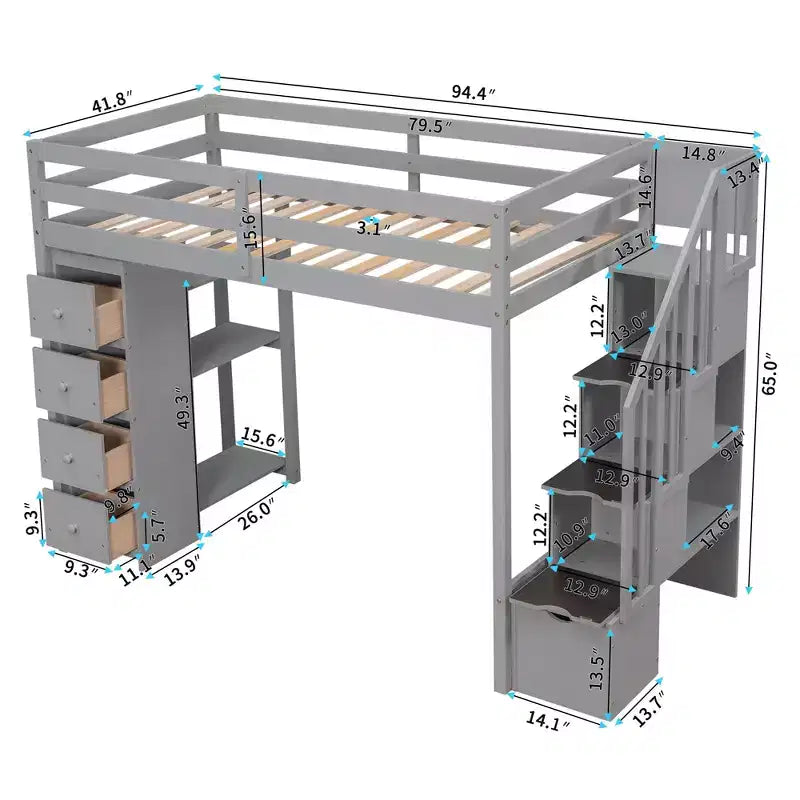 Twin Size Loft Bed with Storage Drawers and Stairs, Wooden High Loft Bed with Shelves for Kids Teens Boys Girls