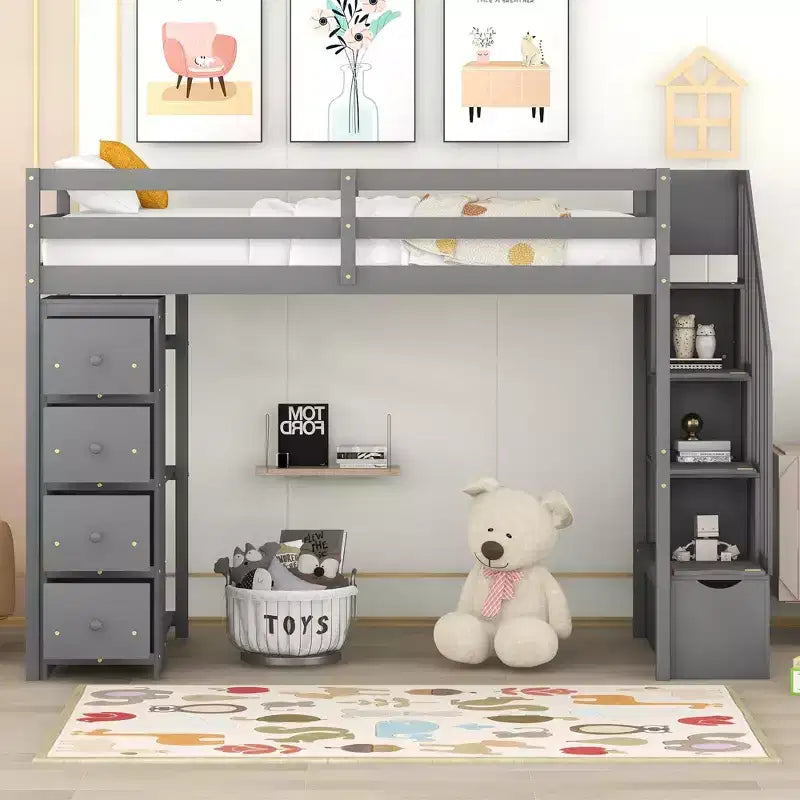 Twin Size Loft Bed with Storage Drawers and Stairs, Wooden High Loft Bed with Shelves for Kids Teens Boys Girls