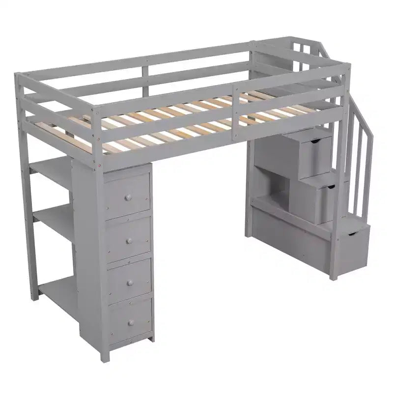 Twin Size Loft Bed with Storage Drawers and Stairs, Wooden High Loft Bed with Shelves for Kids Teens Boys Girls