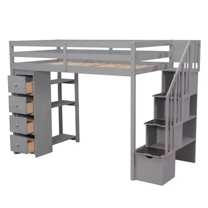 Twin Size Loft Bed with Storage Drawers and Stairs, Wooden High Loft Bed with Shelves for Kids Teens Boys Girls