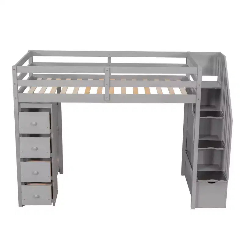 Twin Size Loft Bed with Storage Drawers and Stairs, Wooden High Loft Bed with Shelves for Kids Teens Boys Girls