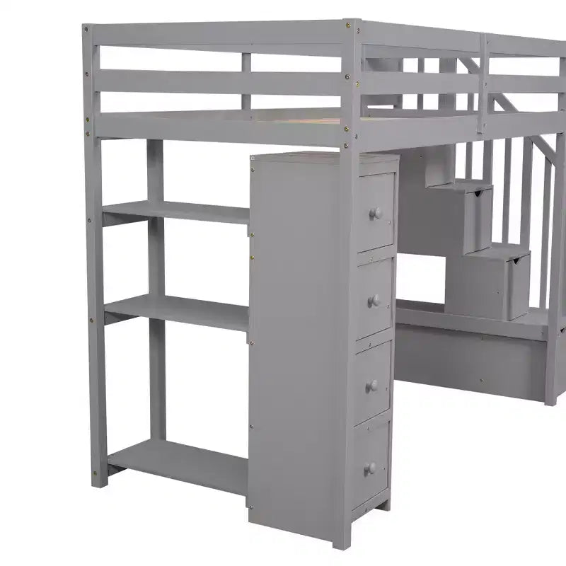 Twin Size Loft Bed with Storage Drawers and Stairs, Wooden High Loft Bed with Shelves for Kids Teens Boys Girls