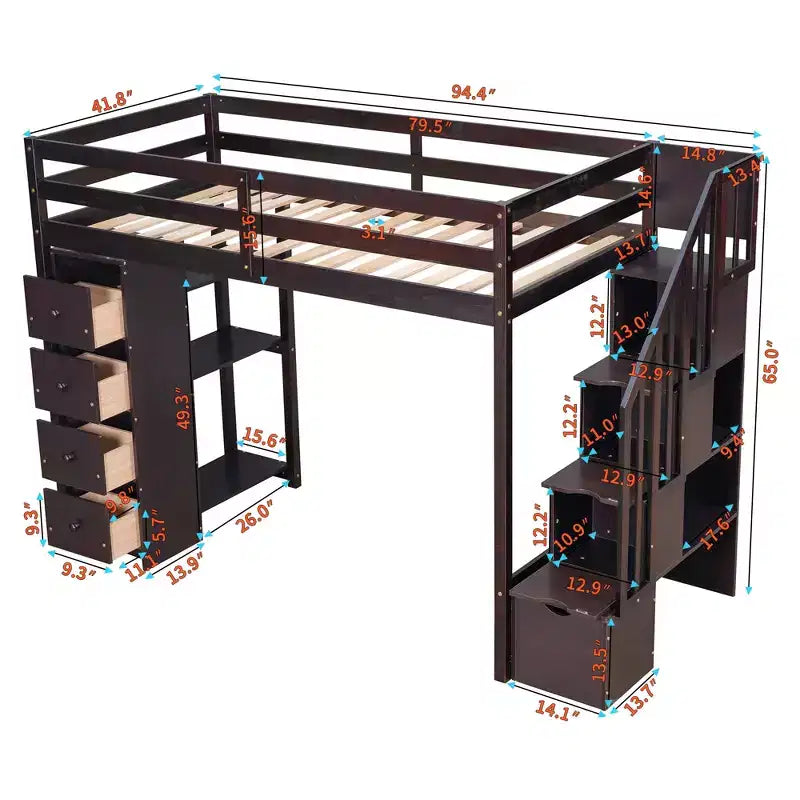 Twin Size Loft Bed with Storage Drawers and Stairs, Wooden High Loft Bed with Shelves for Kids Teens Boys Girls