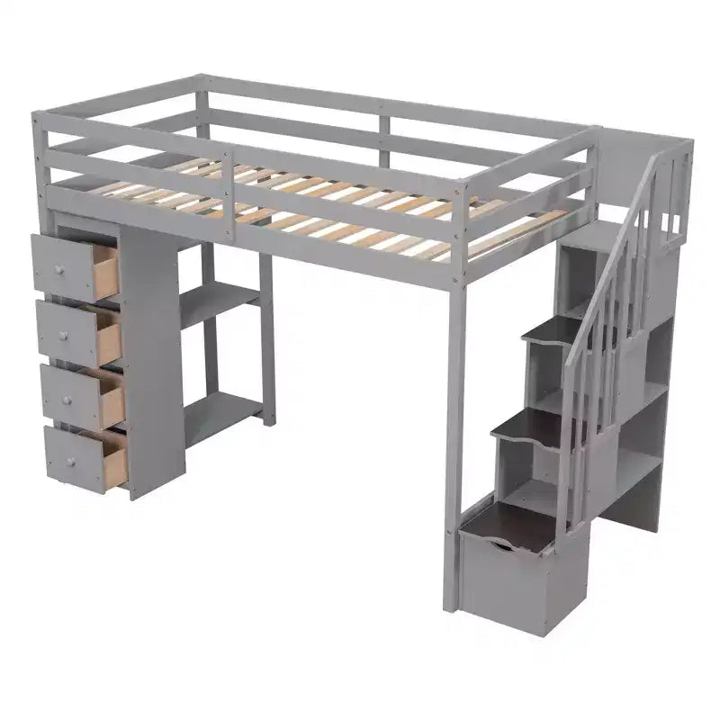 Twin Size Loft Bed with Storage Drawers and Stairs, Wooden High Loft Bed with Shelves for Kids Teens Boys Girls