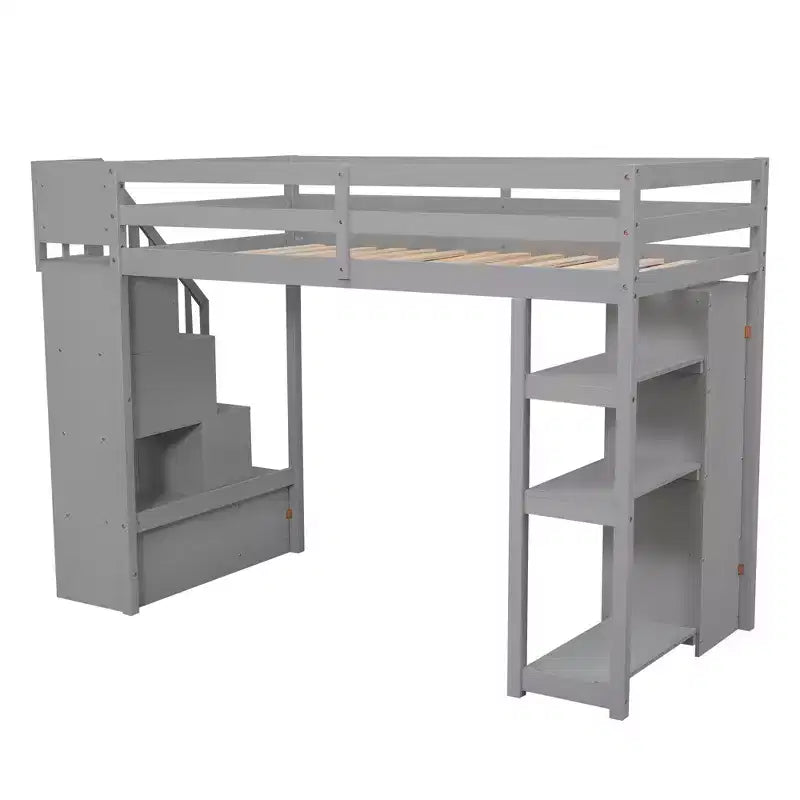Twin Size Loft Bed with Storage Drawers and Stairs, Wooden High Loft Bed with Shelves for Kids Teens Boys Girls