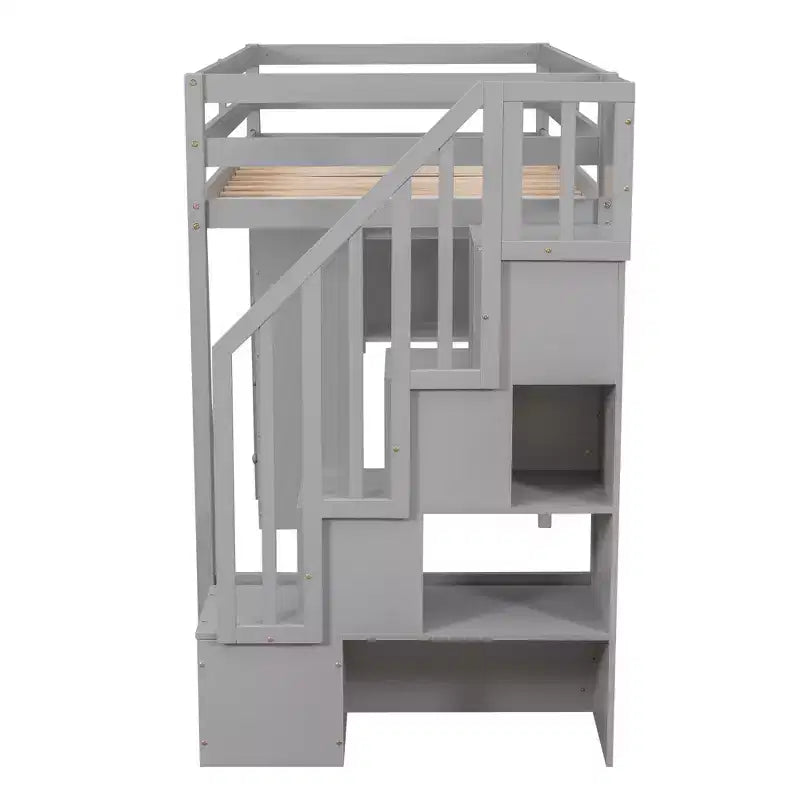 Twin Size Loft Bed with Storage Drawers and Stairs, Wooden High Loft Bed with Shelves for Kids Teens Boys Girls
