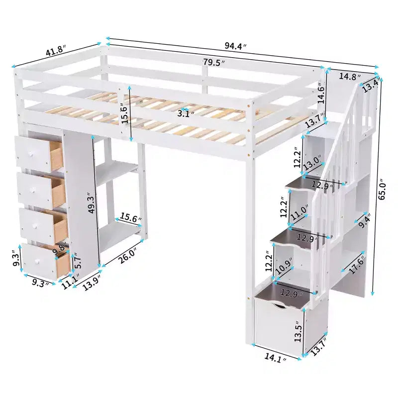 Twin Size Loft Bed with Storage Drawers and Stairs, Wooden High Loft Bed with Shelves for Kids Teens Boys Girls