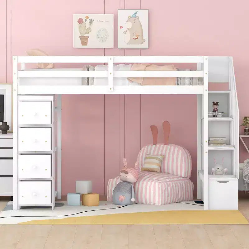 Twin Size Loft Bed with Storage Drawers and Stairs, Wooden High Loft Bed with Shelves for Kids Teens Boys Girls