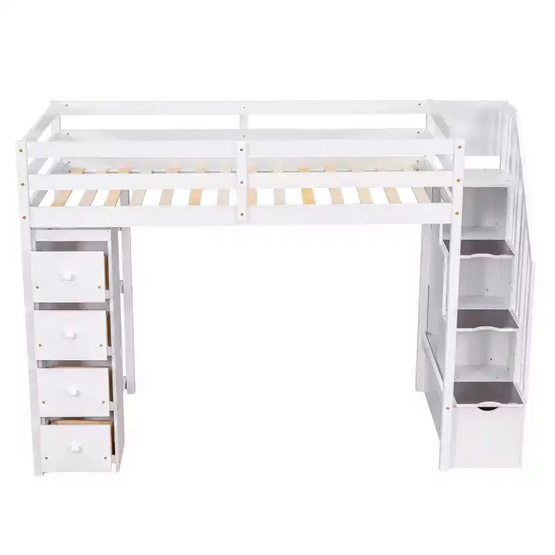 Twin Size Loft Bed with Storage Drawers and Stairs, Wooden High Loft Bed with Shelves for Kids Teens Boys Girls