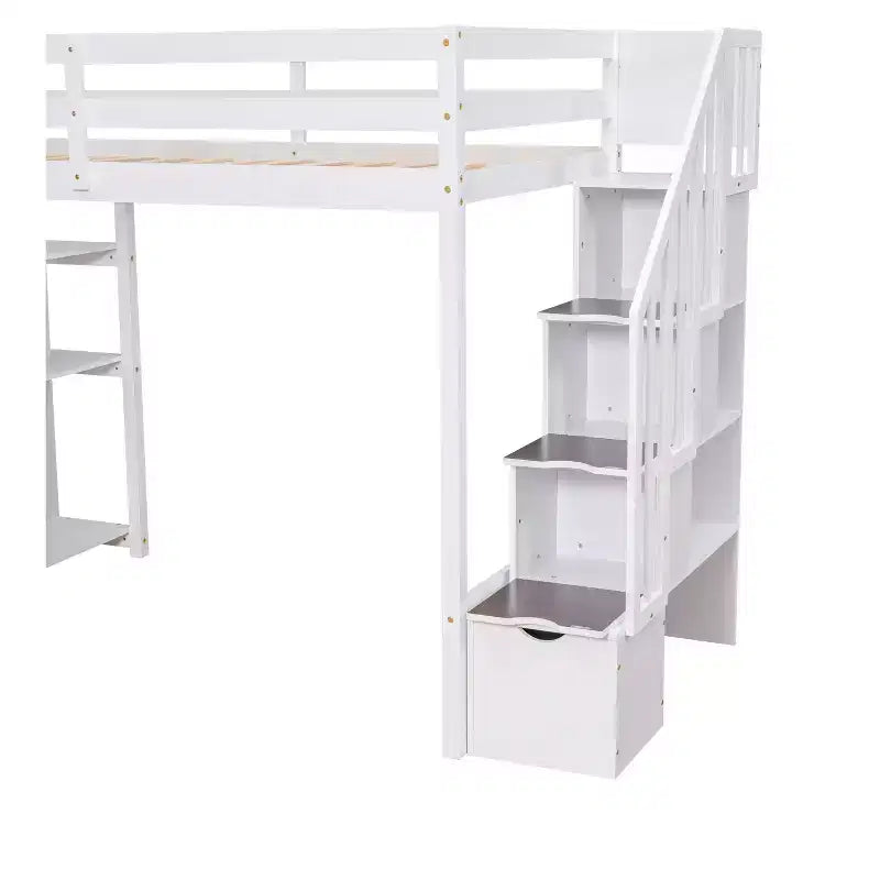 Twin Size Loft Bed with Storage Drawers and Stairs, Wooden High Loft Bed with Shelves for Kids Teens Boys Girls