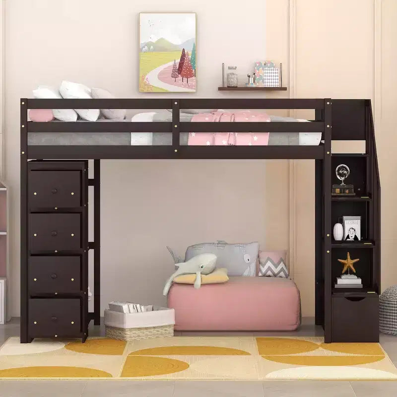 Twin Size Loft Bed with Storage Drawers and Stairs, Wooden High Loft Bed with Shelves for Kids Teens Boys Girls