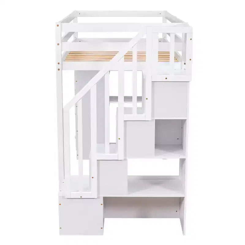 Twin Size Loft Bed with Storage Drawers and Stairs, Wooden High Loft Bed with Shelves for Kids Teens Boys Girls