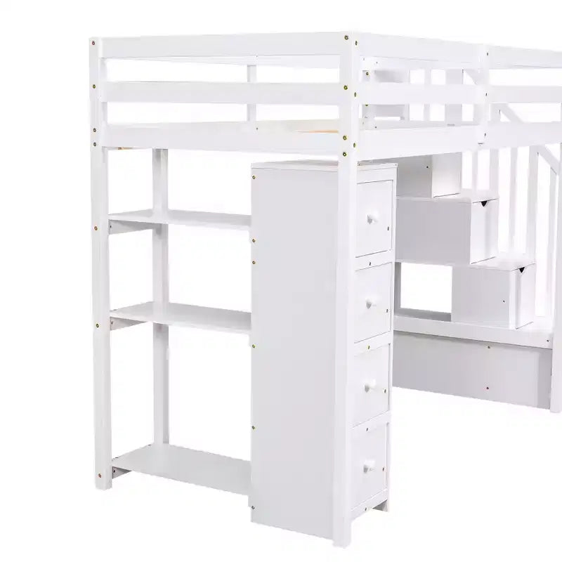 Twin Size Loft Bed with Storage Drawers and Stairs, Wooden High Loft Bed with Shelves for Kids Teens Boys Girls