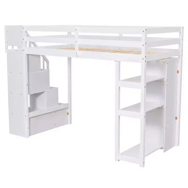 Twin Size Loft Bed with Storage Drawers and Stairs, Wooden High Loft Bed with Shelves for Kids Teens Boys Girls