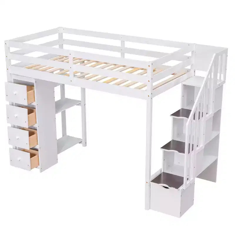 Twin Size Loft Bed with Storage Drawers and Stairs, Wooden High Loft Bed with Shelves for Kids Teens Boys Girls