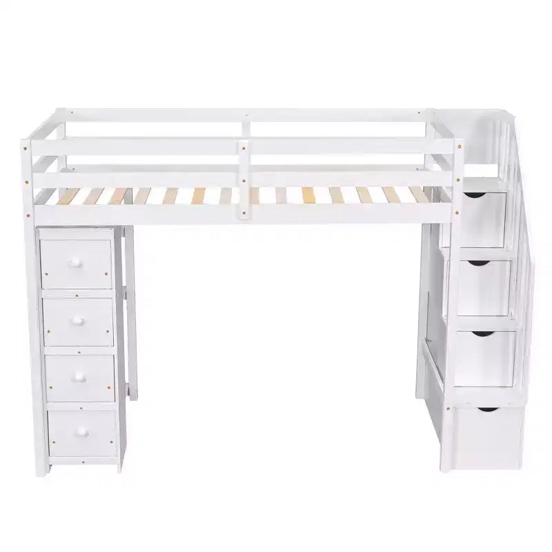 Twin Size Loft Bed with Storage Drawers and Stairs, Wooden High Loft Bed with Shelves for Kids Teens Boys Girls