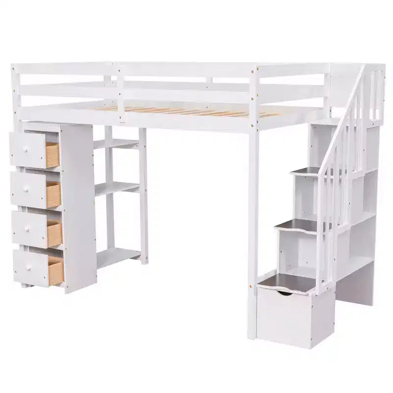 Twin Size Loft Bed with Storage Drawers and Stairs, Wooden High Loft Bed with Shelves for Kids Teens Boys Girls