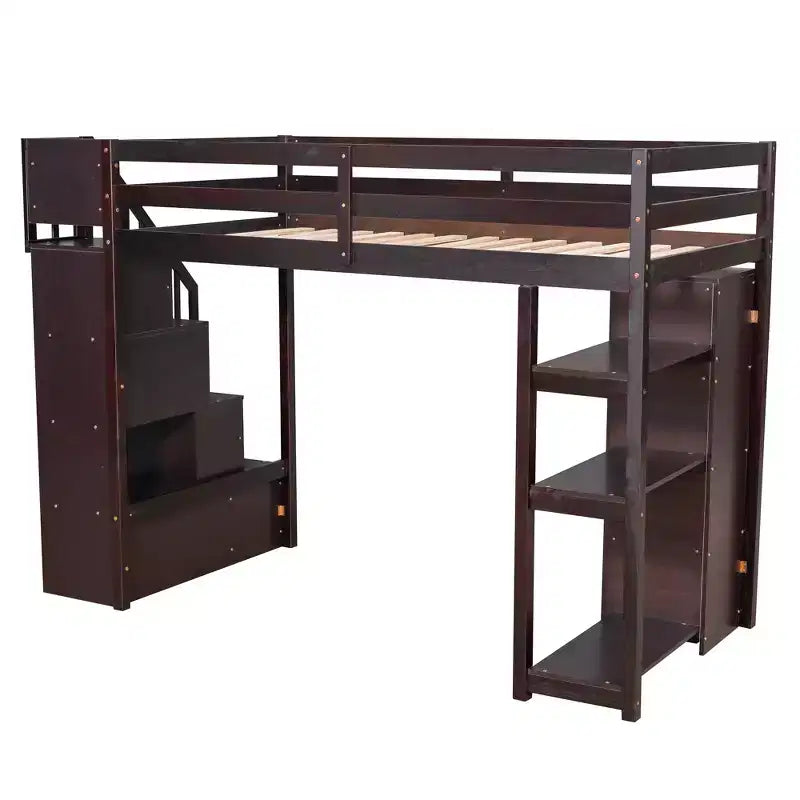 Twin Size Loft Bed with Storage Drawers and Stairs, Wooden High Loft Bed with Shelves for Kids Teens Boys Girls